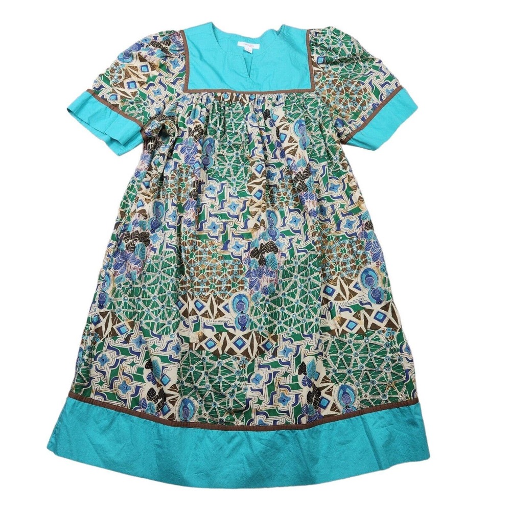 Go Softly Patio Dress Size Small Blue Brown House Grannycore Cottage Core Midi